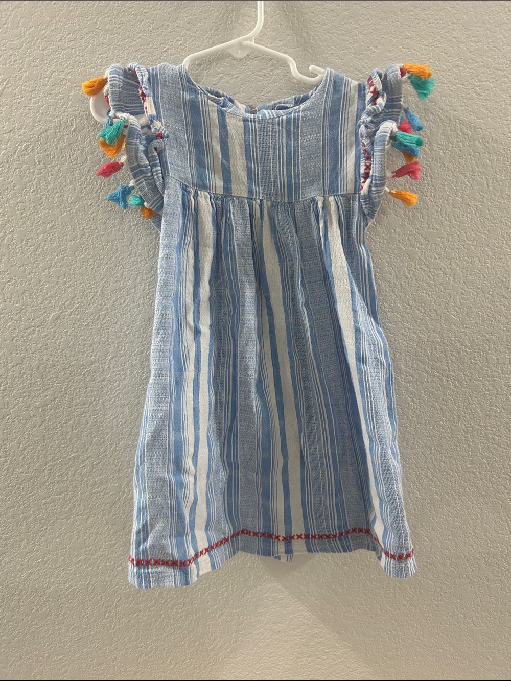 Mudpie Blue & White Striped Kids Dress with Colorful Tassel Sleeves